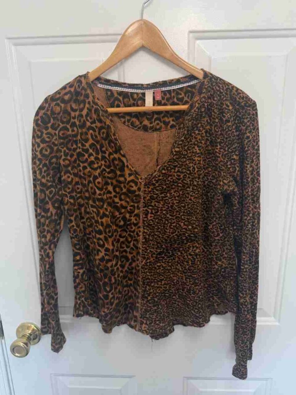 Brown Leopard Thermal Knit Raw Edge Blouse